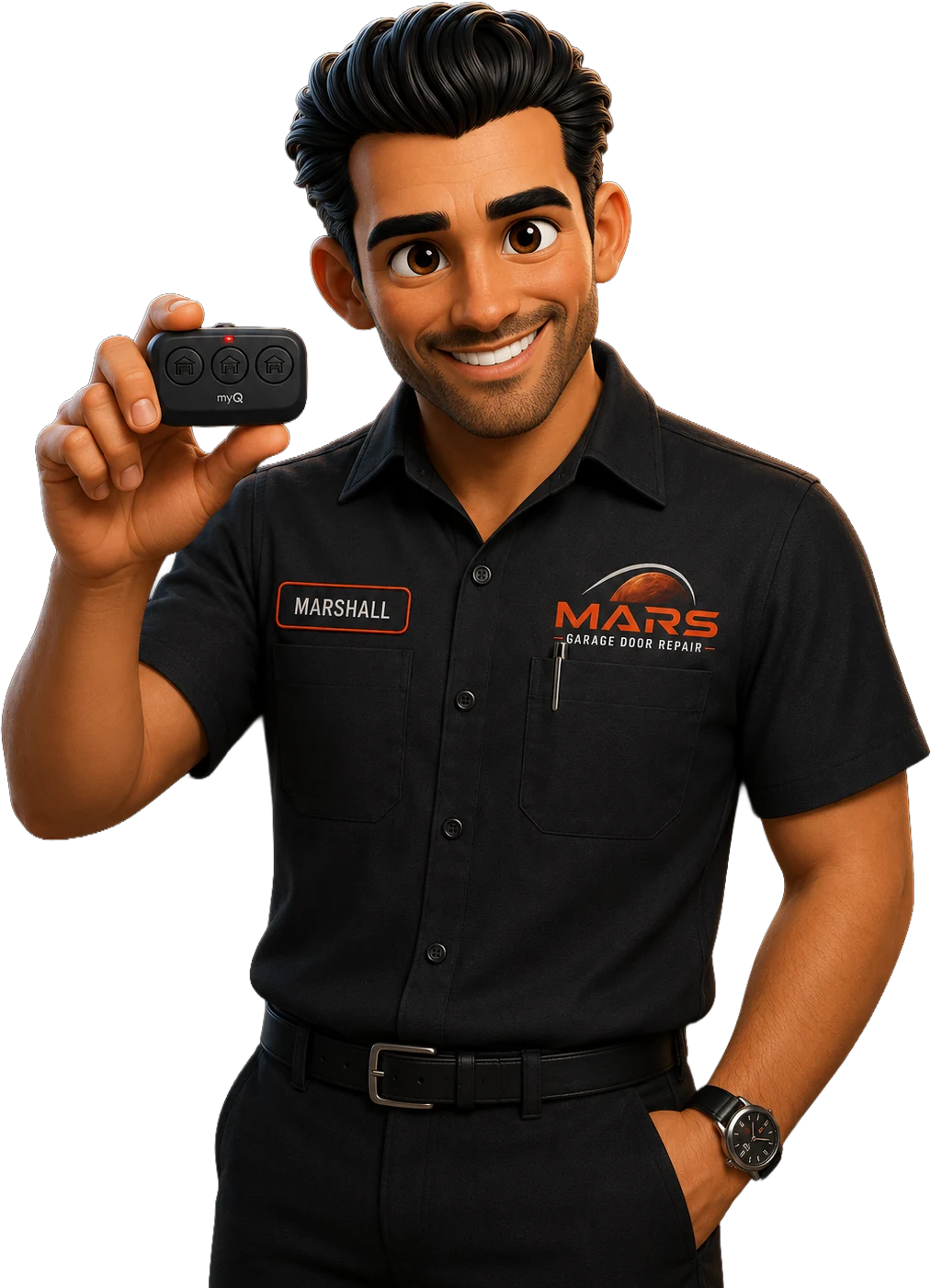Mars Garage Door Repair technician holding a garage door remote